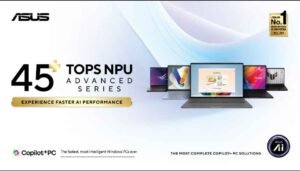 Ilustrasi jajaran laptop AI ASUS 45+ TOPS NPU Advanced Series yang mengusung standar Copilot+ PC dengan performa pemrosesan AI lebih cepat dan efisien.